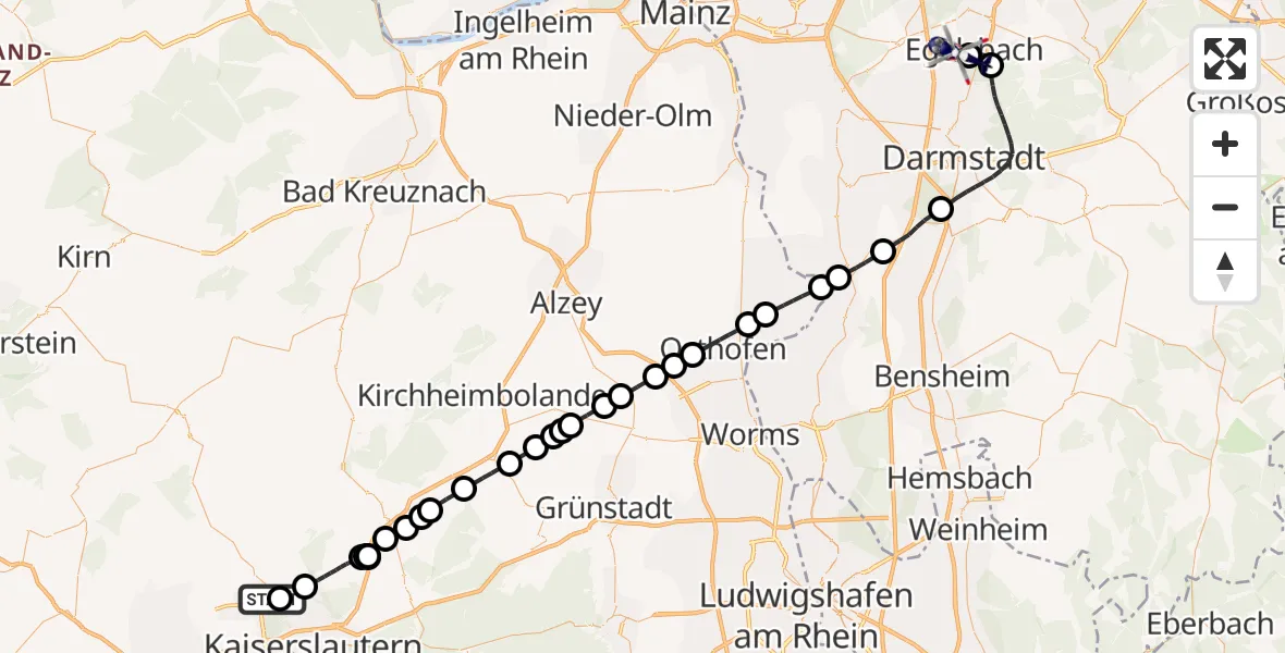 Flugroute Polizeihubschrauber Kaiserslautern - Flughafen Frankfurt-Egelsbach, 15 September 2026, 11:42