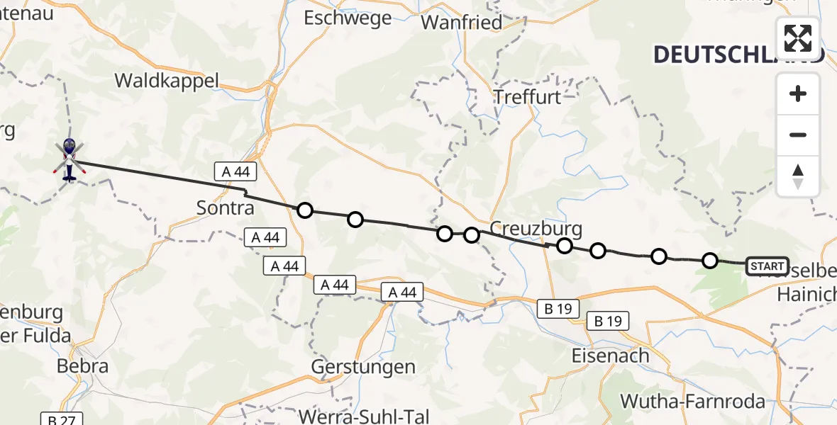 Flugroute Polizeihubschrauber Hörselberg-Hainich - Waldkappel, 15 September 2026, 12:01