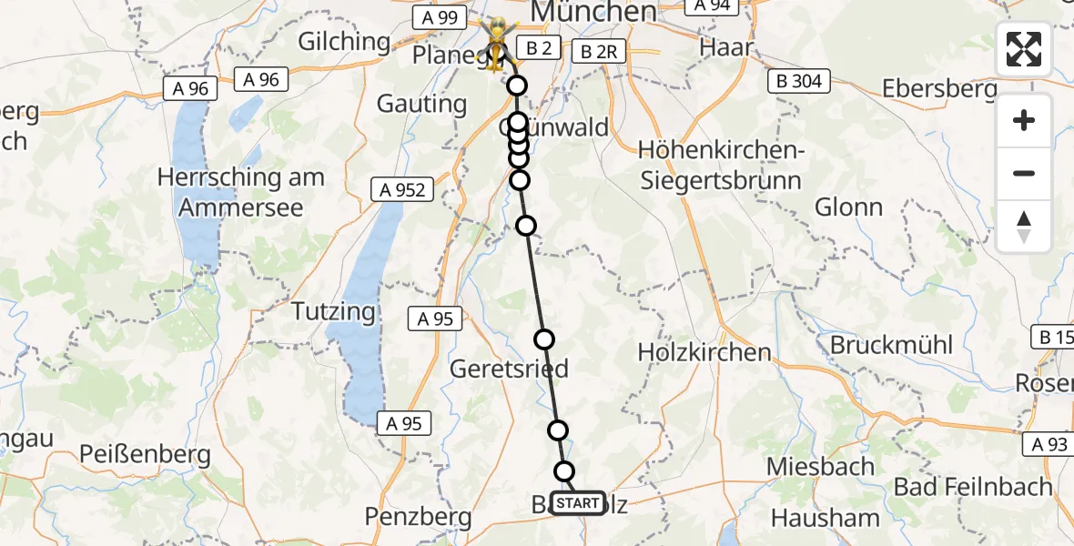 Flugroute Rettungshubschrauber Bad Tölz - DRF Air Rescue München Hubschrauberlandeplatz, 15 September 2026, 12:04