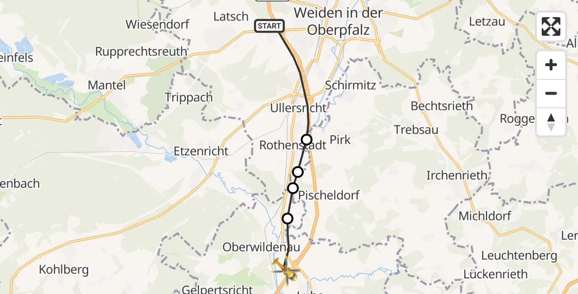 Flugroute Ambulanzhubschrauber Weiden i.d.OPf. - Luhe-Wildenau, 15 September 2026, 12:06