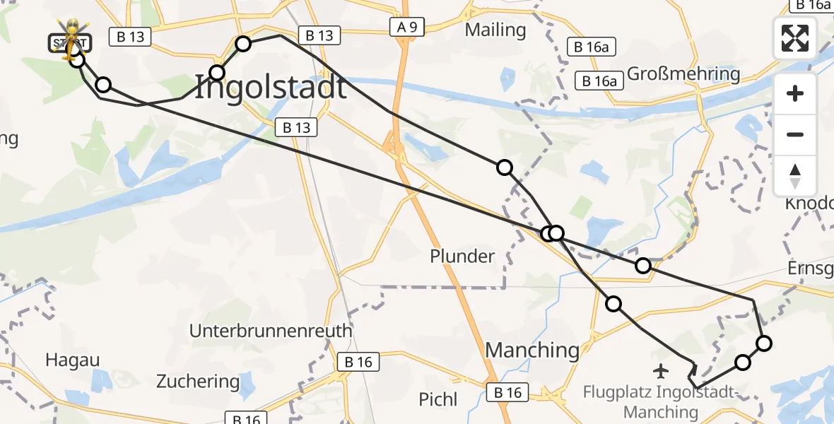 Flugroute Rettungshubschrauber Ingolstadt Hospital - Ingolstadt Hospital, 15 September 2026, 12:09