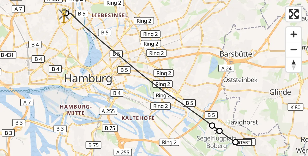 Flugroute Rettungshubschrauber Christoph Hansa ADAC Hubschrauberlandeplatz - Universitätsklinikum Hamburg-Eppendorf Hubschrauberlandeplatz, 15 September 2026, 12:12