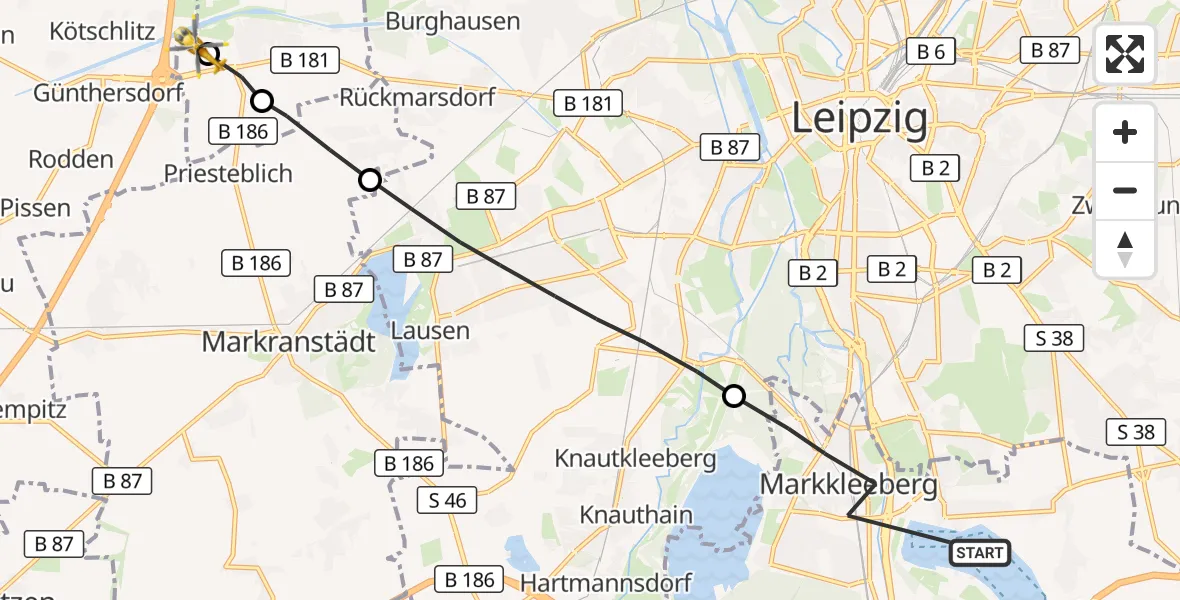 Flugroute Rettungshubschrauber Markkleeberg - ADAC Air Rescue Station Leipzig/Schkeuditz-Dölzig Hubschrauberlandeplatz (Christoph 61), 15 September 2026, 12:15