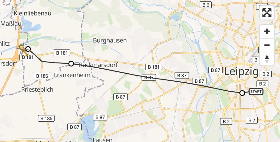 Flugroute Rettungshubschrauber Leipzig University Hospital Heliport 1 - ADAC Air Rescue Station Leipzig/Schkeuditz-Dölzig Hubschrauberlandeplatz (Christoph 61), 15 September 2026, 12:21