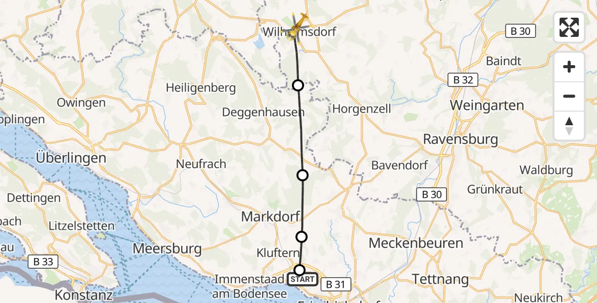 Flugroute Rettungshubschrauber Friedrichshafen Hospital - Wilhelmsdorf, 15 September 2026, 12:22