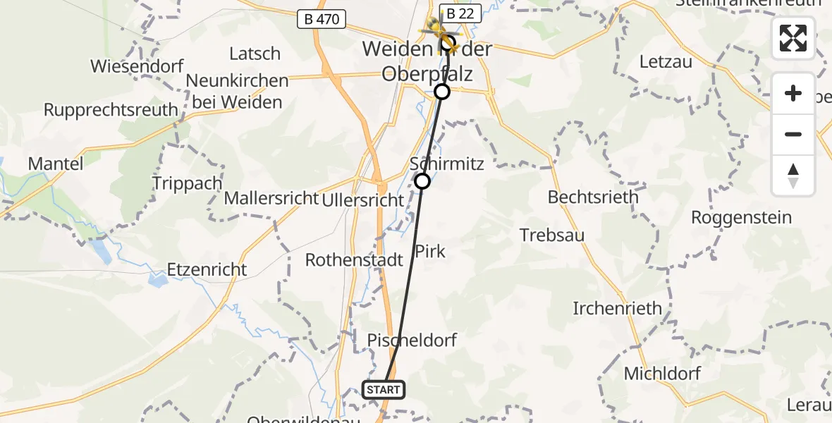 Flugroute Ambulanzhubschrauber Pirk - Weiden Hospital, 15 September 2026, 12:25
