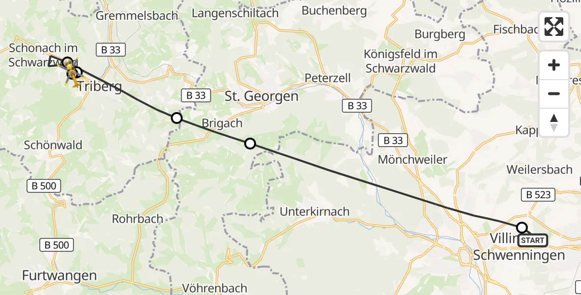 Flugroute Ambulanzhubschrauber DRF Air Rescue Station Villingen-Schwenningen Hubschrauberlandeplatz (Christoph 11) - Schonach im Schwarzwald, 15 September 2026, 12:29