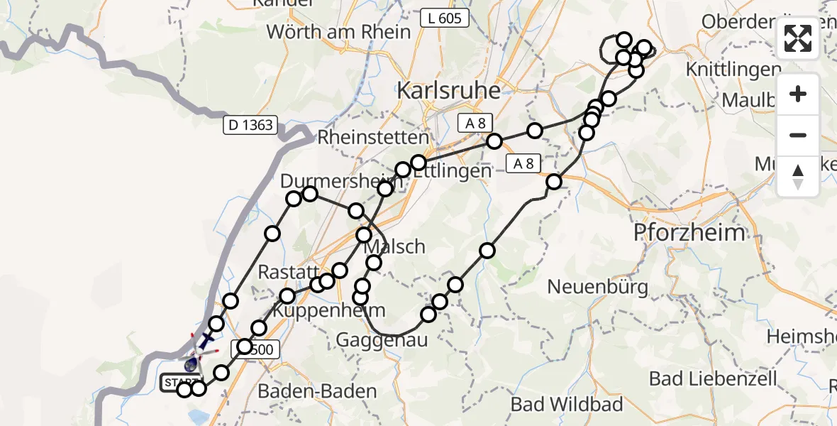 Flugroute Polizeihubschrauber Karlsruhe Baden-Baden Flughafen - Hügelsheim, 15 September 2026, 12:32
