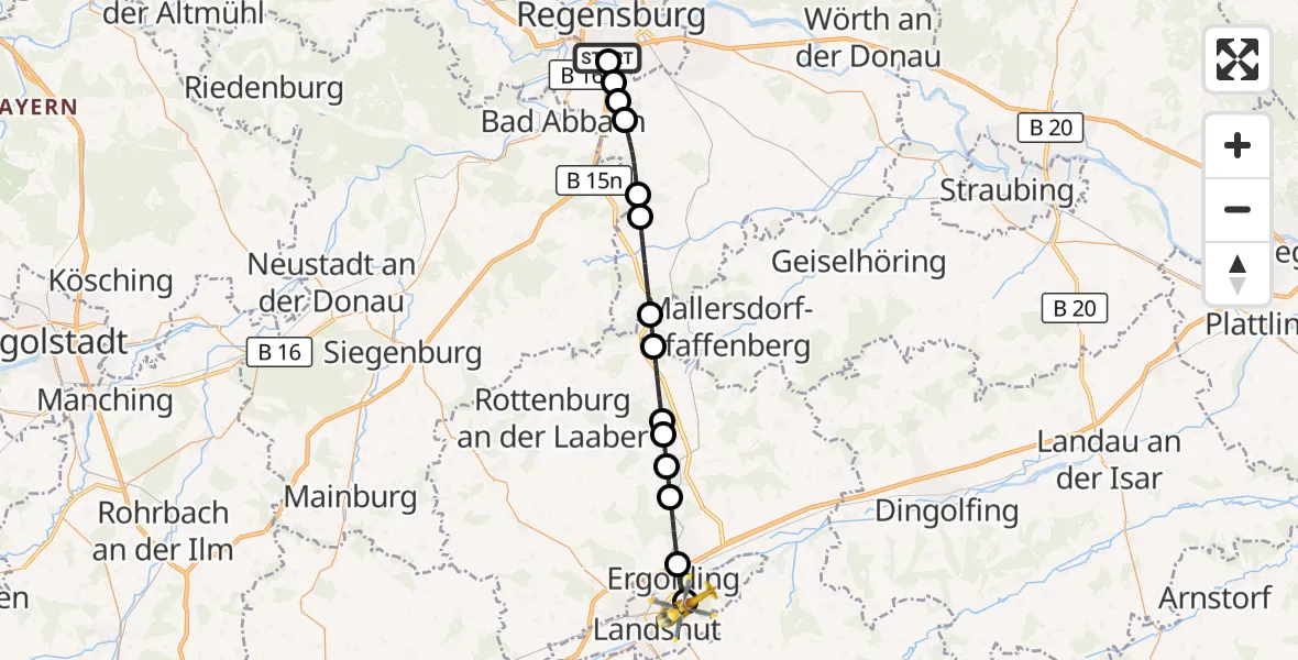 Flugroute Rettungshubschrauber DRF Air Rescue Station Regensburg / Regensburg University Hospital - Landshut, 15 September 2026, 12:38