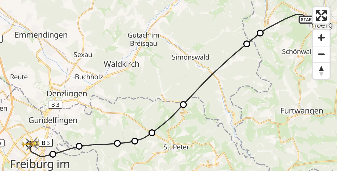 Flugroute Ambulanzhubschrauber Schonach im Schwarzwald - Freiburg im Breisgau Flugplatz, 15 September 2026, 12:39