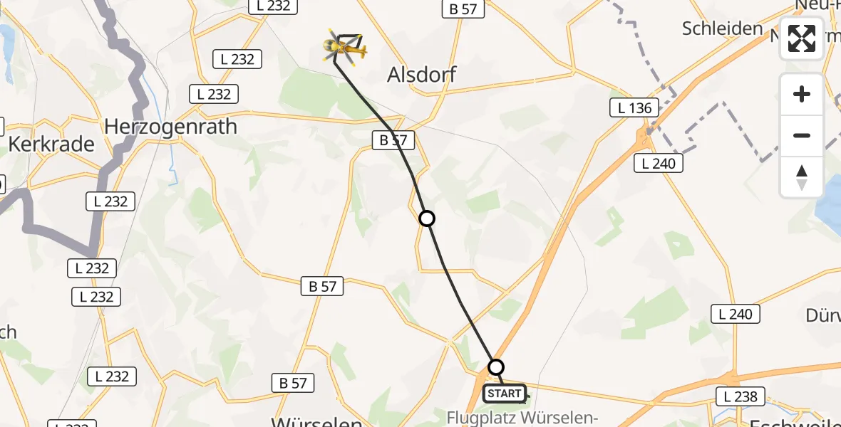 Flugroute Rettungshubschrauber Aachen-Merzbrück Flughafen - Alsdorf, 15 September 2026, 12:42