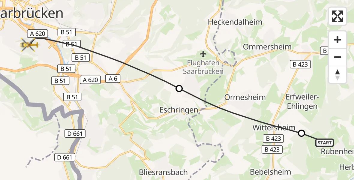 Flugroute Rettungshubschrauber Gersheim - Saarbrücken, 15 September 2026, 12:52