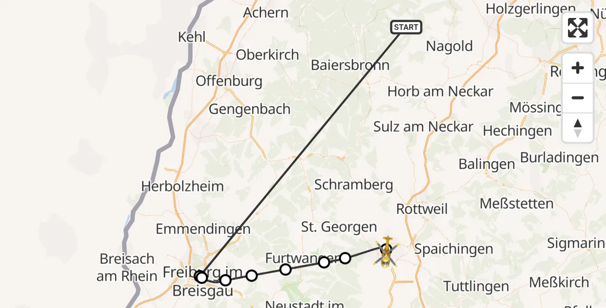 Flugroute Ambulanzhubschrauber Altensteig - DRF Air Rescue Station Villingen-Schwenningen Hubschrauberlandeplatz (Christoph 11), 15 September 2026, 13:00