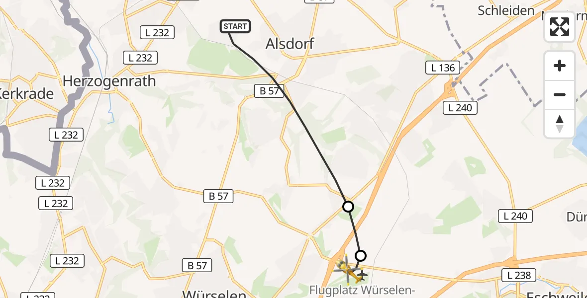Flugroute Rettungshubschrauber Alsdorf - Aachen-Merzbrück Flughafen, 15 September 2026, 13:09