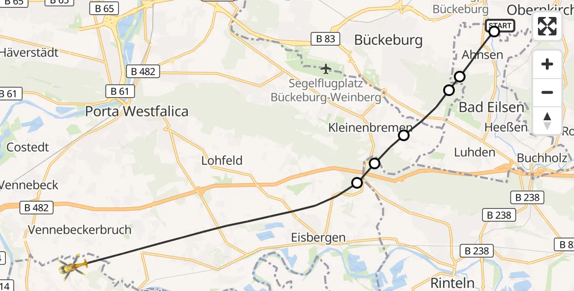 Flugroute Rettungshubschrauber Obernkirchen - Vlotho, 15 September 2026, 13:15