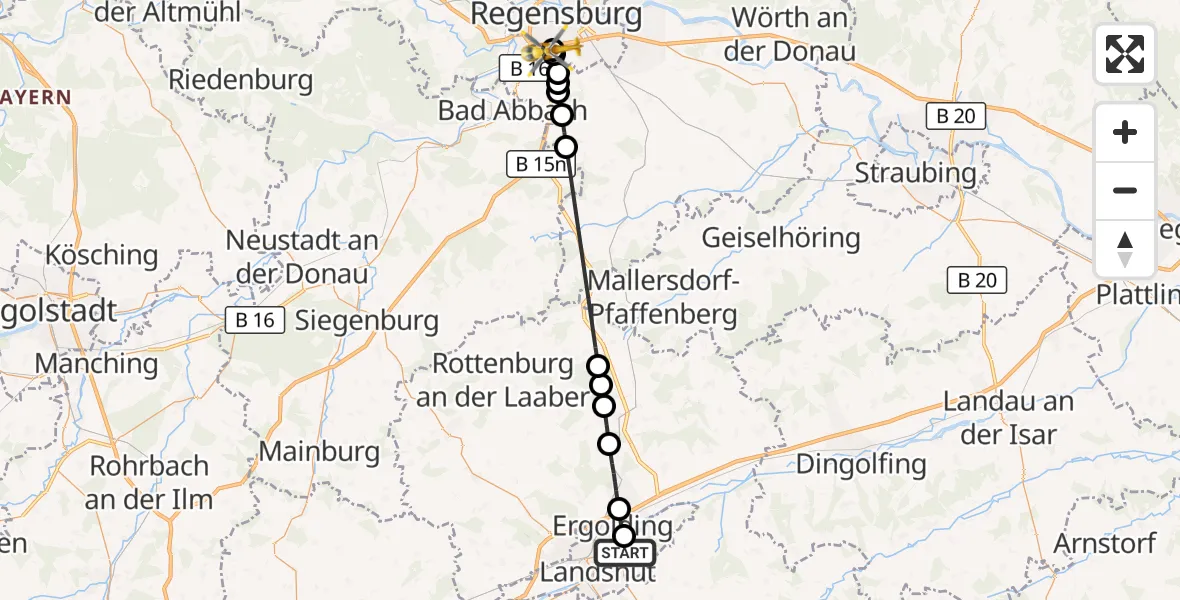 Flugroute Rettungshubschrauber Landshut - DRF Air Rescue Station Regensburg / Regensburg University Hospital, 15 September 2026, 13:15