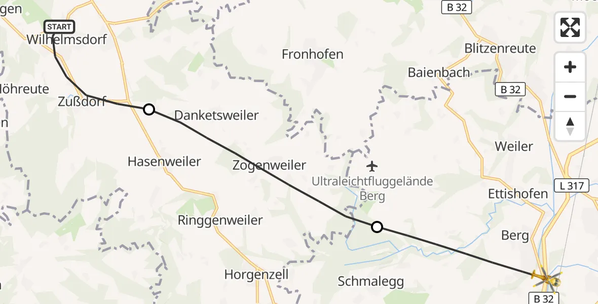 Flugroute Rettungshubschrauber Wilhelmsdorf - Weingarten, 15 September 2026, 13:16
