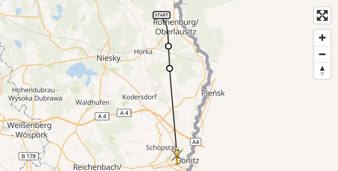 Flugroute Rettungshubschrauber Rothenburg/O.L. - Görlitz Hospital, 15 September 2026, 13:17