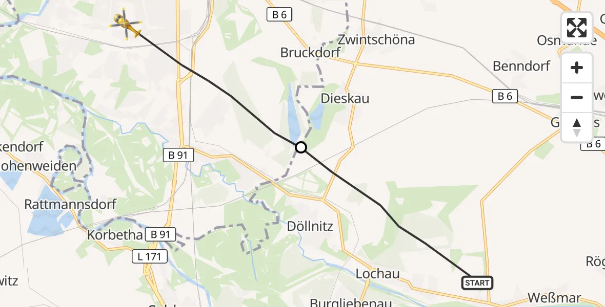 Flugroute Rettungshubschrauber Schkopau - Halle (Saale), 15 September 2026, 13:19