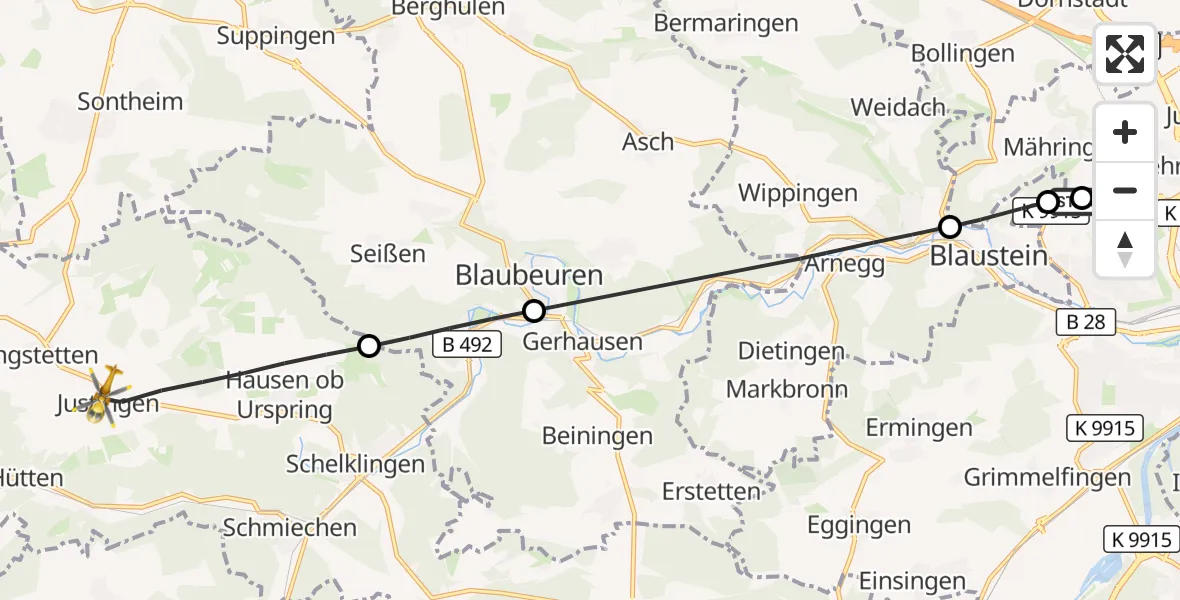 Flugroute Rettungshubschrauber Ulm Military Hospital Emergency - Schelklingen, 15 September 2026, 13:26