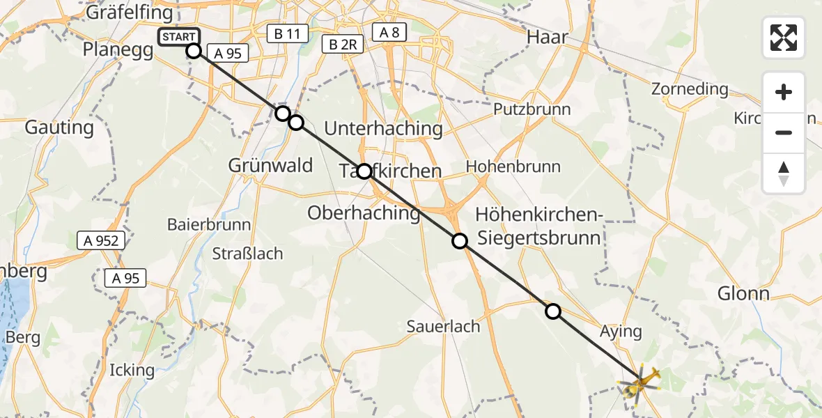Flugroute Rettungshubschrauber DRF Air Rescue München Hubschrauberlandeplatz - Aying, 15 September 2026, 13:28