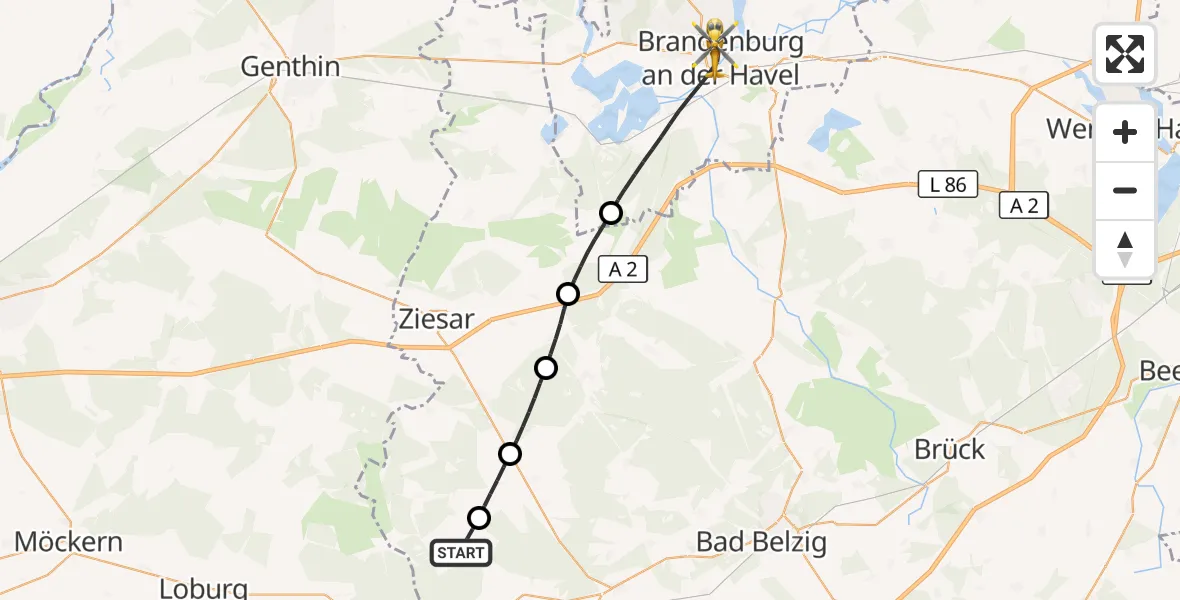 Flugroute Rettungshubschrauber Wiesenburg/Mark - Brandenburg an der Havel, 15 September 2026, 13:34