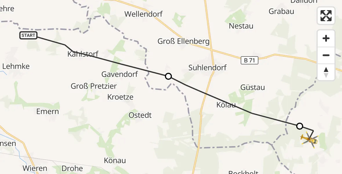 Flugroute Rettungshubschrauber Wrestedt - Schnega, 15 September 2026, 13:37