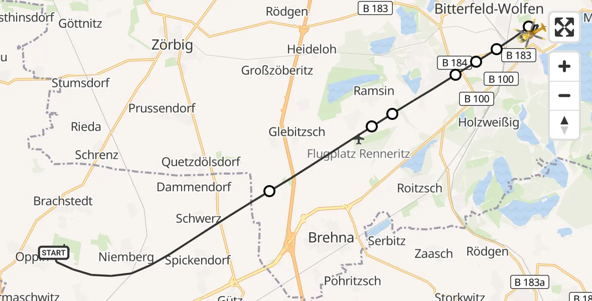Flugroute Rettungshubschrauber Landsberg - Bitterfield-Wolfen Health Center Hubschrauberlandeplatz, 15 September 2026, 13:40