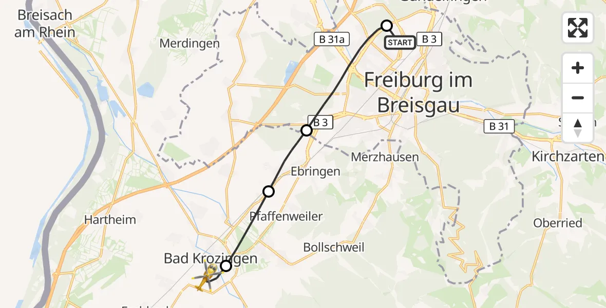 Flugroute Ambulanzhubschrauber Freiburg im Breisgau Flugplatz - Bad Krozingen, 15 September 2026, 13:43