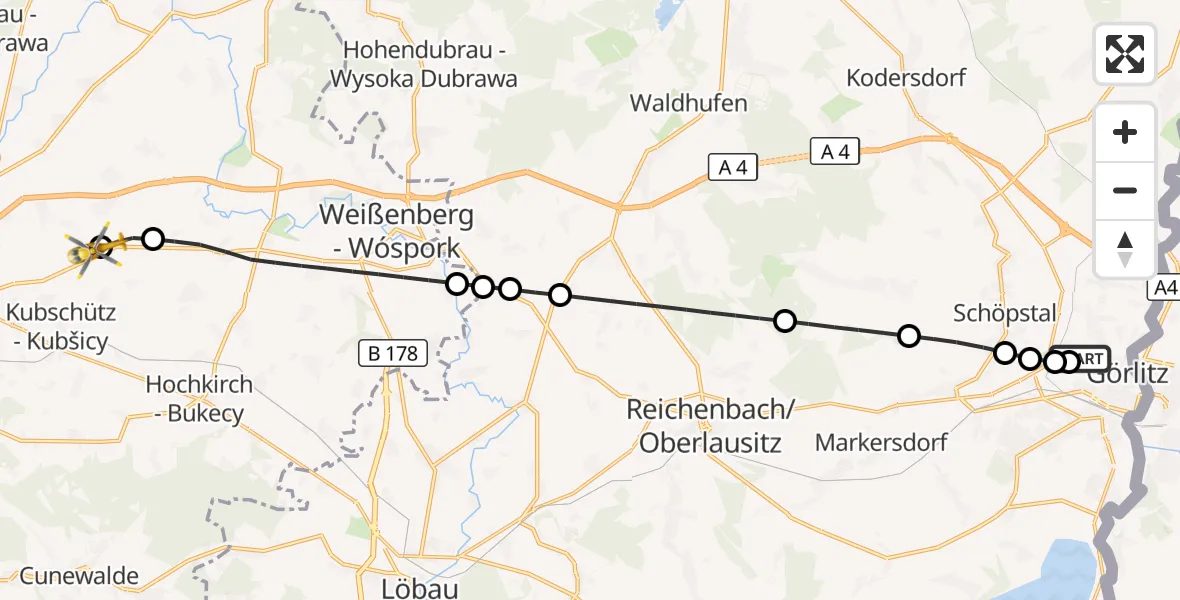 Flugroute Rettungshubschrauber Görlitz Hospital - Bautzen Flugplatz, 15 September 2026, 13:51