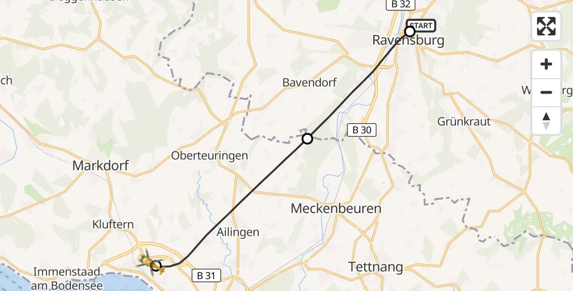 Flugroute Rettungshubschrauber Sankt Elisabeth Hospital - Friedrichshafen Hospital, 15 September 2026, 13:54