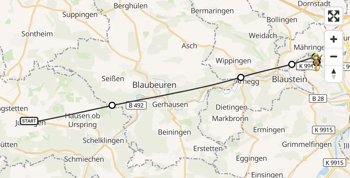 Flugroute Rettungshubschrauber Schelklingen - ADAC Air Rescue Station Ulm (Christoph 22), 15 September 2026, 13:58