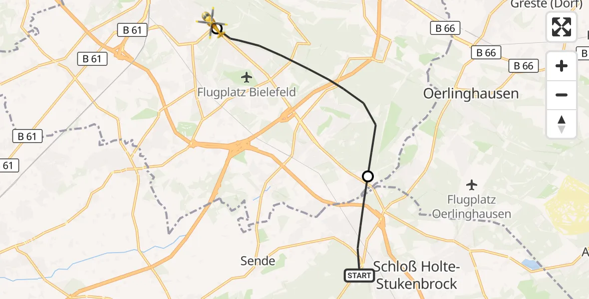 Flugroute Rettungshubschrauber Schloß Holte-Stukenbrock - Luftrettungszentrum Bielefeld, 15 September 2026, 14:06