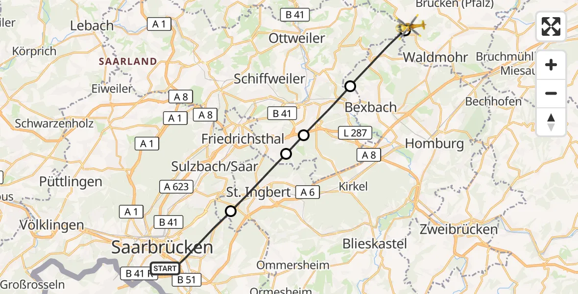 Flugroute Rettungshubschrauber Saarbrücken - Dunzweiler, 15 September 2026, 14:09
