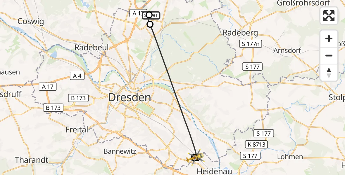 Flugroute Rettungshubschrauber Dresden Bundespolizei Hubschrauberlandeplatz - Heidenau, 15 September 2026, 14:16