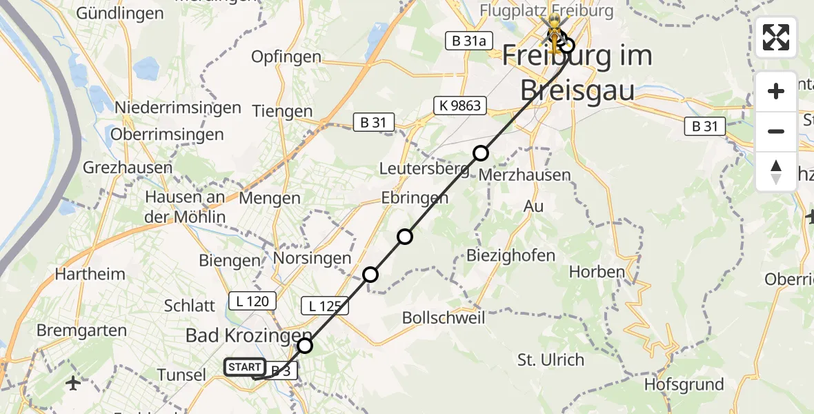 Flugroute Ambulanzhubschrauber Bad Krozingen - Freiburg University Hospital Heliport 1, 15 September 2026, 14:29