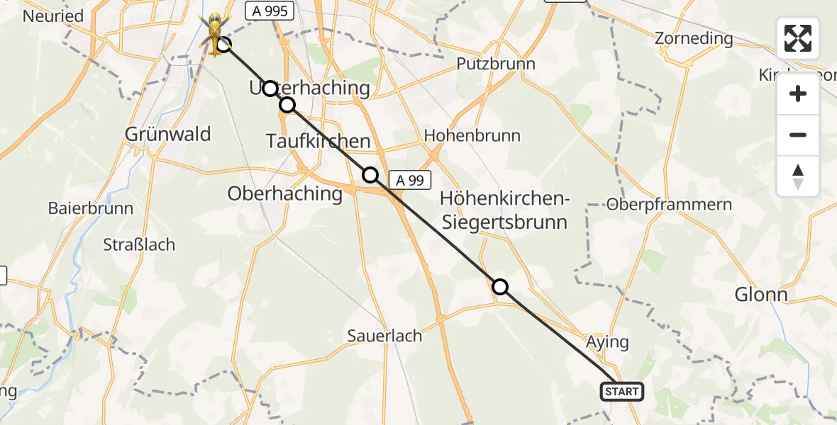 Flugroute Rettungshubschrauber Aying - ADAC Air Rescue Center Hubschrauberlandeplatz (Christoph 1), 15 September 2026, 14:35