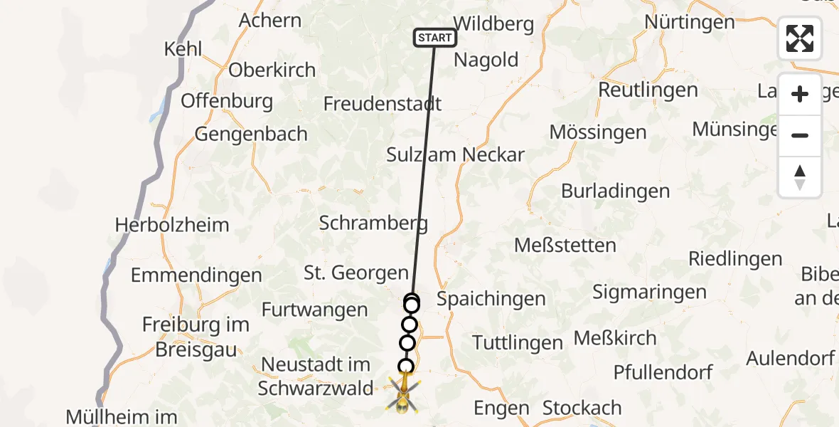 Flugroute Ambulanzhubschrauber Altensteig - Hüfingen, 15 September 2026, 14:35