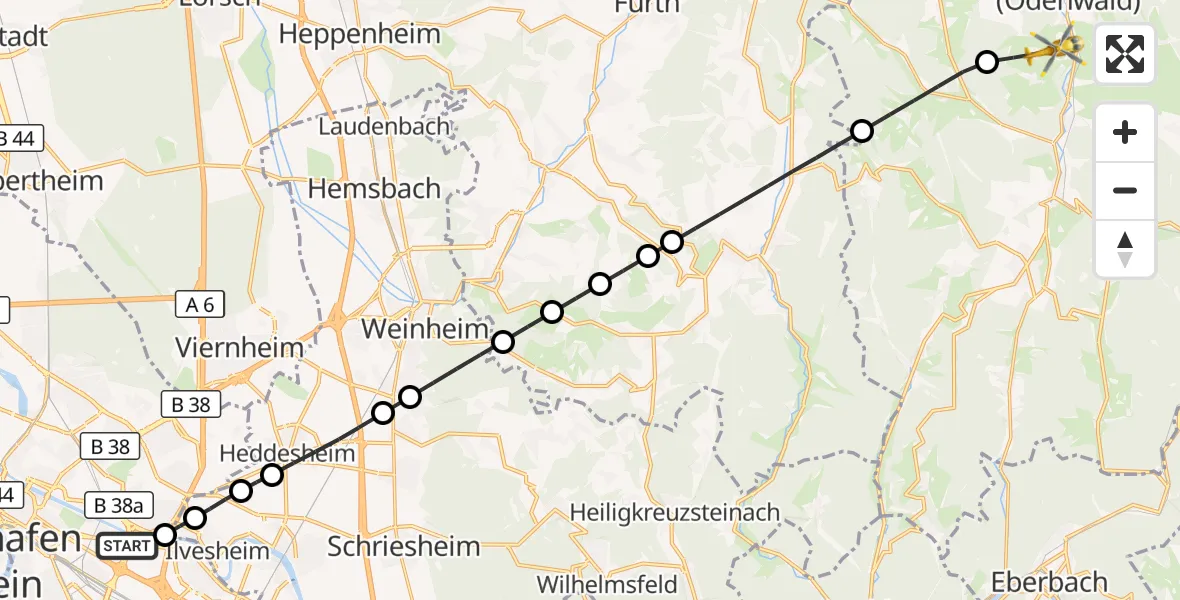 Flugroute Rettungshubschrauber Mannheim-City Flughafen - Erbach, 15 September 2026, 14:45