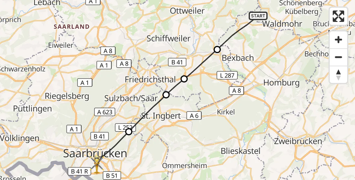 Flugroute Rettungshubschrauber Bexbach - Saarbrücken, 15 September 2026, 14:54