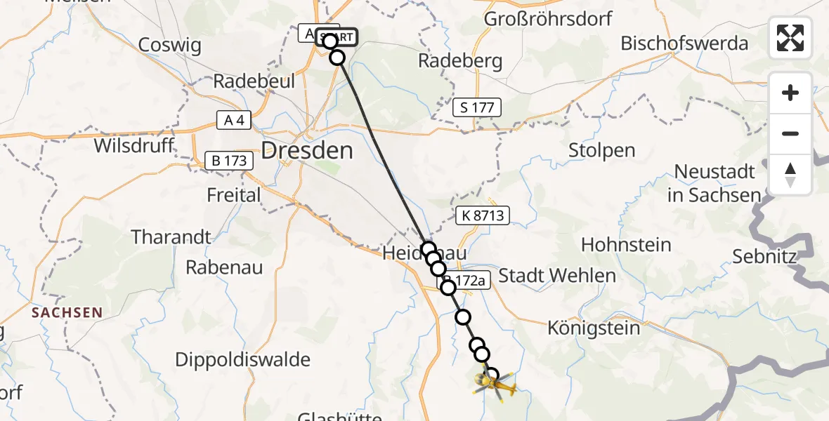 Flugroute Rettungshubschrauber Dresden Bundespolizei Hubschrauberlandeplatz - Bad Gottleuba-Berggießhübel, 15 September 2026, 15:16