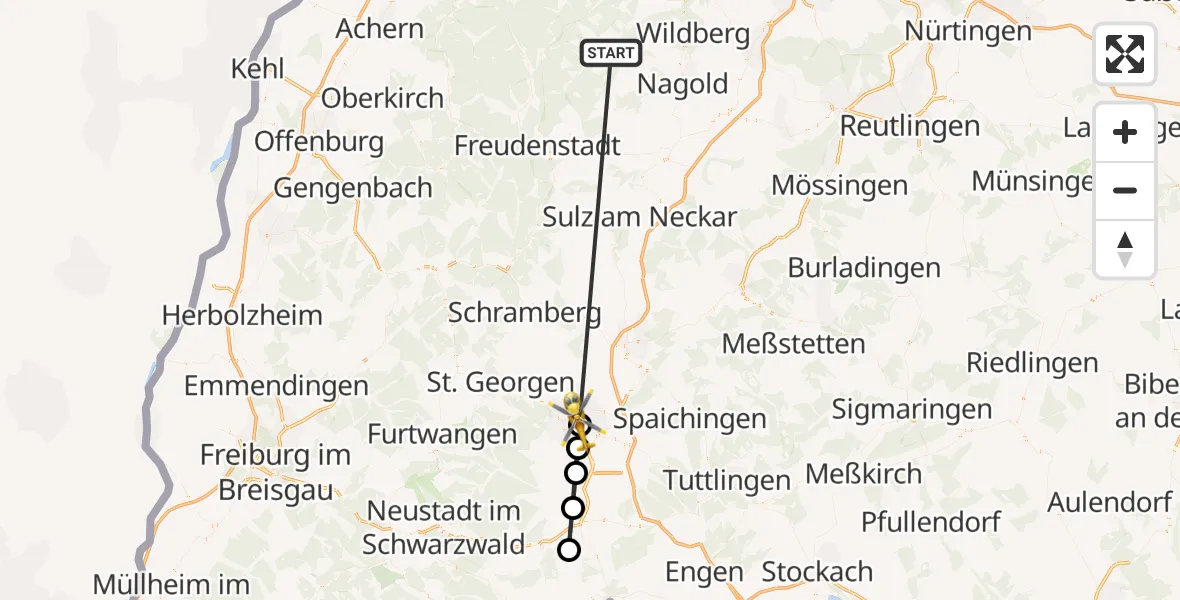 Flugroute Ambulanzhubschrauber Altensteig - DRF Air Rescue Station Villingen-Schwenningen Hubschrauberlandeplatz (Christoph 11), 15 September 2026, 15:20