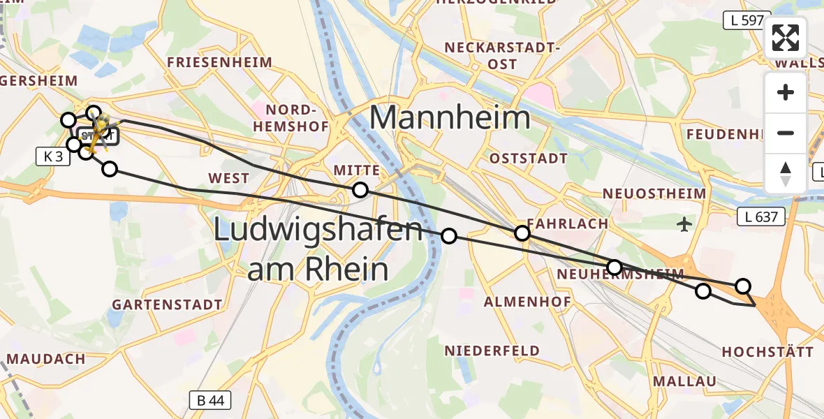 Flugroute Rettungshubschrauber Ludwigshafen Accident Hospital - Ludwigshafen Accident Hospital, 15 September 2026, 15:28