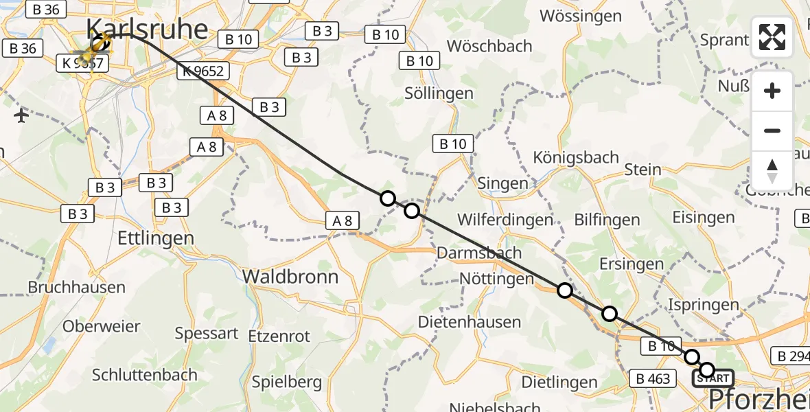 Flugroute Ambulanzhubschrauber Siloah Sankt Trudpert Hospital - Sankt Vincentius Hospital, 15 September 2026, 15:44