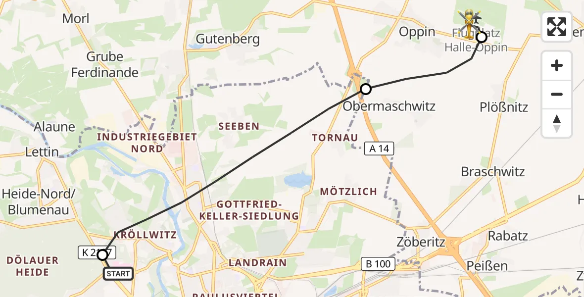 Flugroute Rettungshubschrauber Halle (Saale) University Hospital - Halle-Oppin Flugplatz, 15 September 2026, 15:44