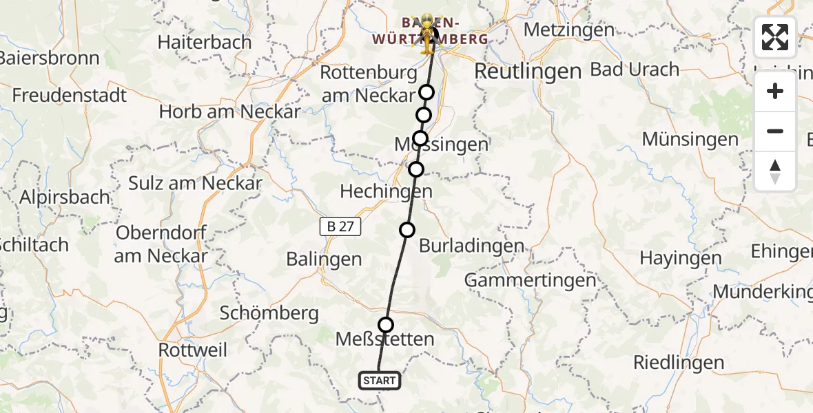 Flugroute Rettungshubschrauber Meßstetten - Tübingen Trauma Hospital, 15 September 2026, 15:49