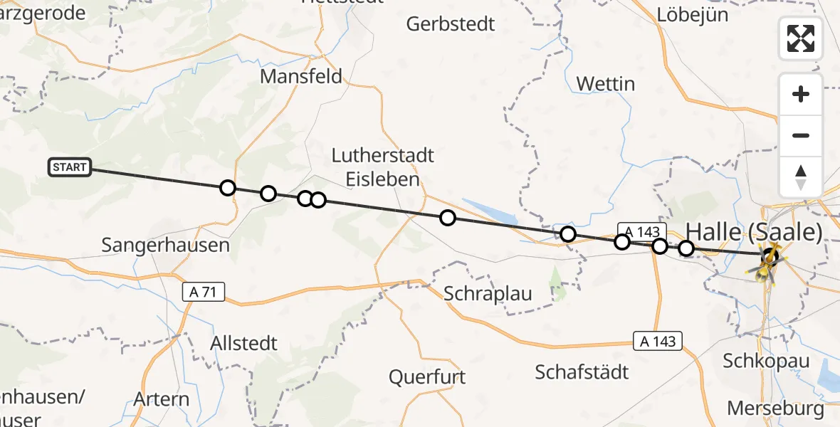 Flugroute Rettungshubschrauber Sangerhausen - BG Hospital Bergmannstrost Halle, 15 September 2026, 15:52