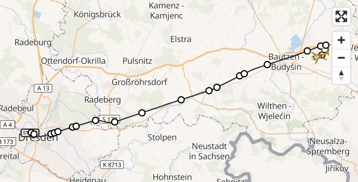 Flugroute Rettungshubschrauber Dresden Friedrichstadt Hospital - Bautzen Flugplatz, 15 September 2026, 15:54