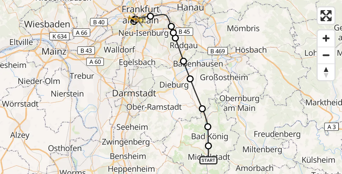 Flugroute Rettungshubschrauber Michelstadt - Frankfurt University Hospital, 15 September 2026, 15:55