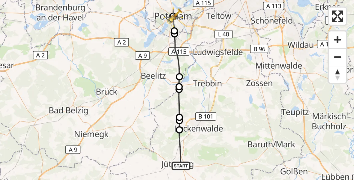 Flugroute Rettungshubschrauber Jüterbog - Ernst von Bergmann Clinic Hubschrauberlandeplatz, 15 September 2026, 15:56